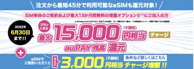 UQモバイル【15,000円相当のauPAY残高還元中！】