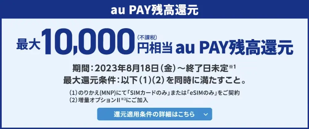 【UQモバイル】UQ mobile オンラインショップ限定 au PAY 残高還元　のりかえ（MNP）