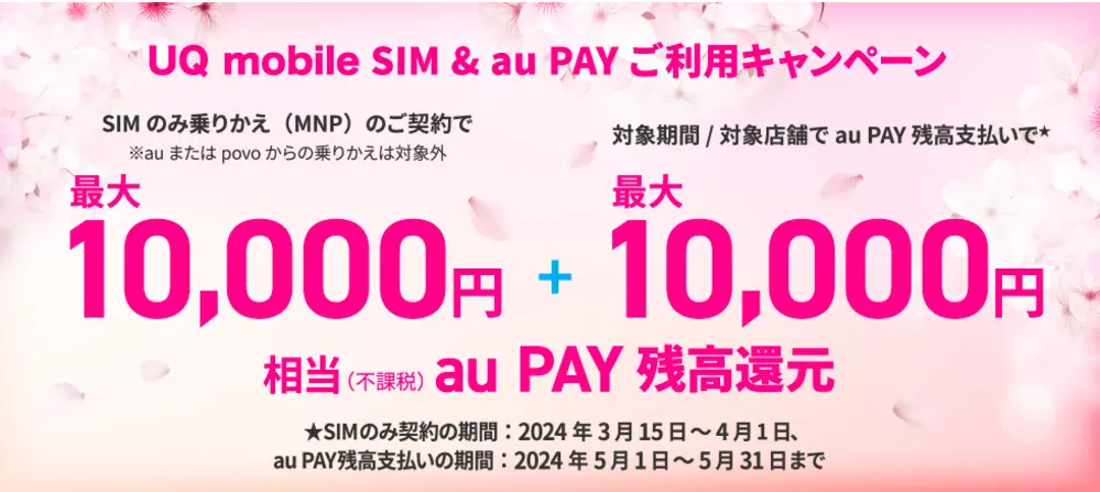 【UQモバイル】UQ mobile オンラインショップ限定 au PAY 残高還元　のりかえ（MNP）