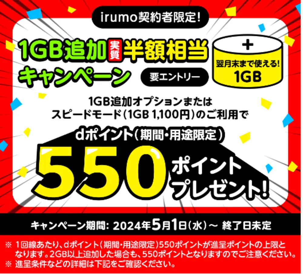 【irumo】irumo契約者限定！1GB追加実質半額相当キャンペーン