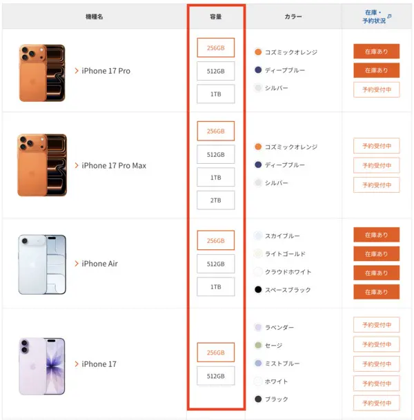  iPhone17シリーズauの公式在庫一覧画像