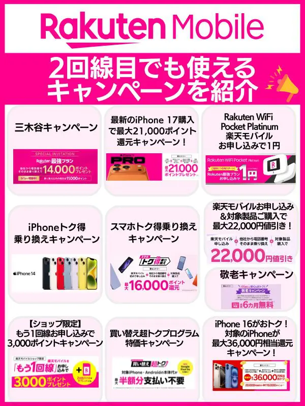 楽天モバイルの2回線目でも使えるキャンペーン紹介