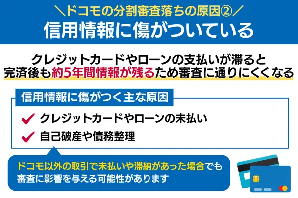 ドコモの分割審査落ちの原因 信用情報に傷がついている場合