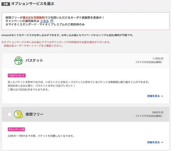 オプションサービス選択画面