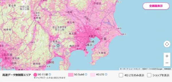 楽天モバイルのサービスエリアマップ（5G Sub6エリア）
